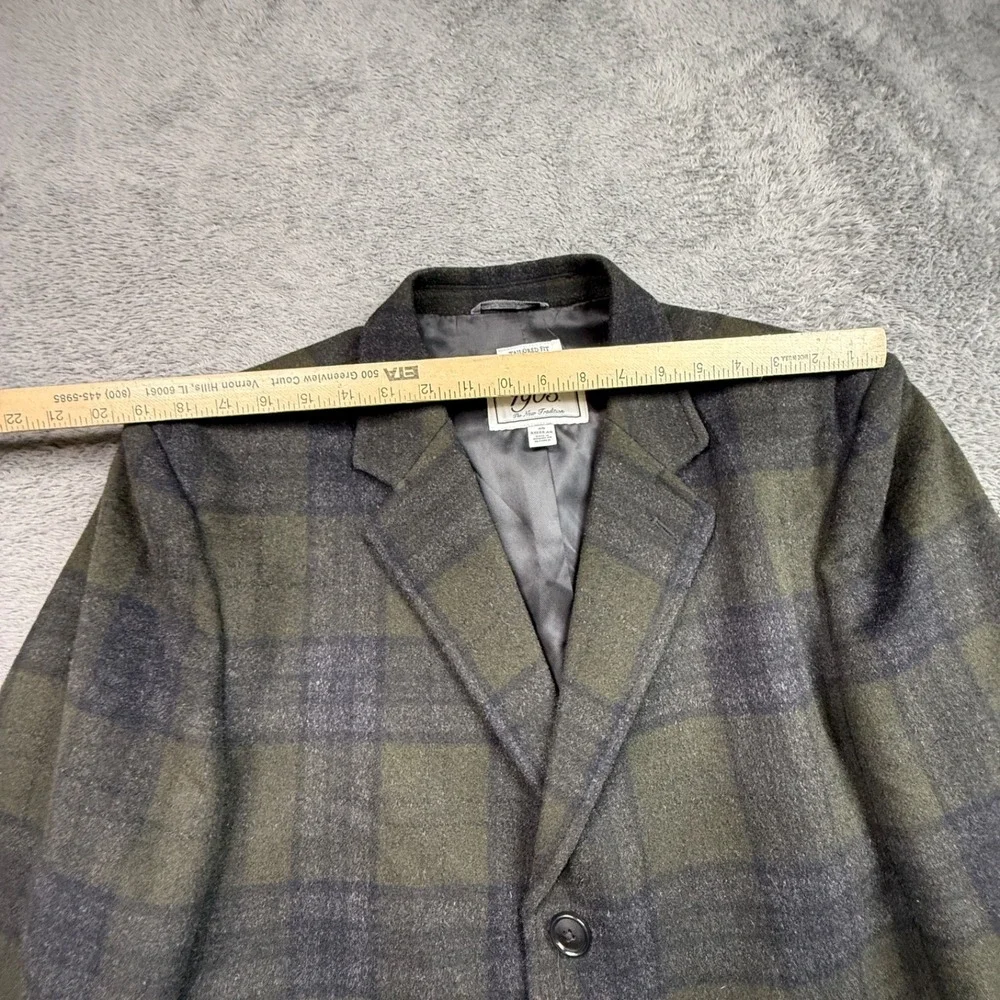 Jos A Bank 1905 Shadow Plaid Green Long Coat Wool Blend Mens 48R Tailored Fit
